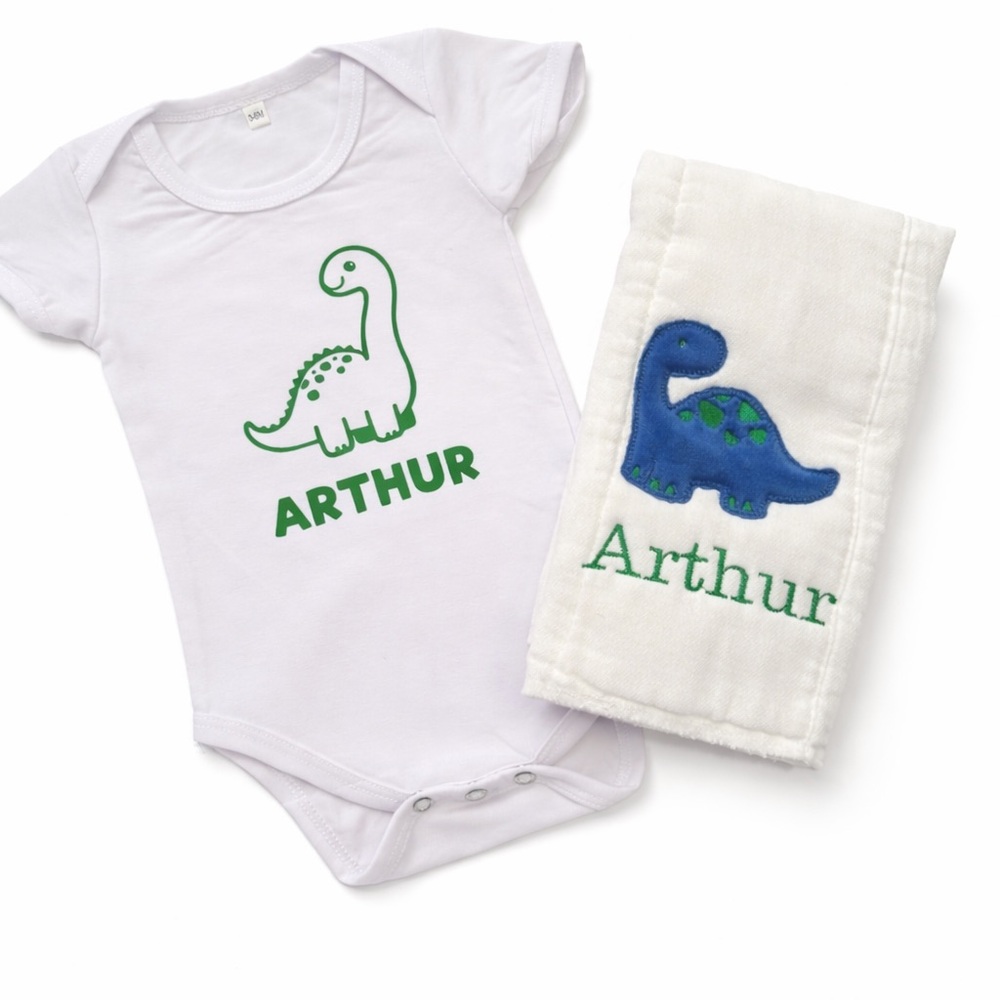 Dinosaur Print White Baby Onesie and Burp Cloth Set